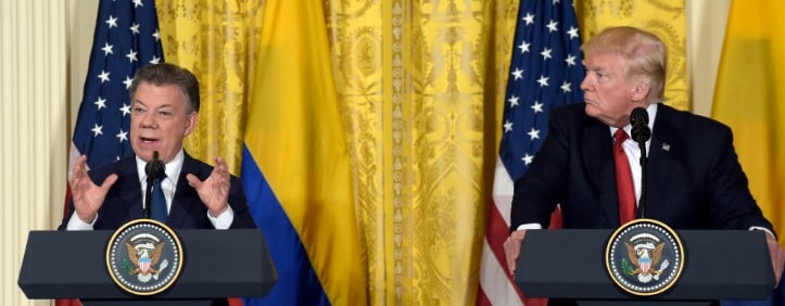 Juan Manuel Santos and Donald Trump during a joint news conference at the White House