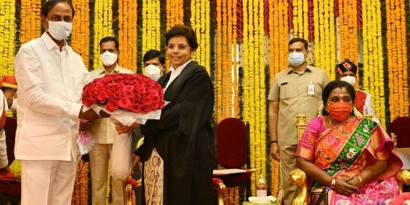 Justice Hima Kohli at the oath-taking ceremony of CJ of Telangana HC, held at Raj Bhavan in Hyderabad, Telangana