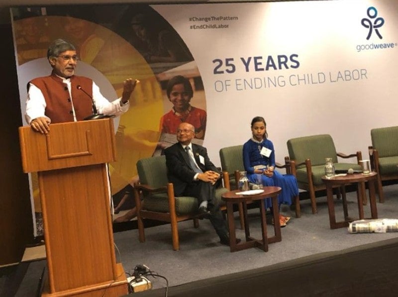 Kailash giving a speech during the silver jubilee of GoodWeave International