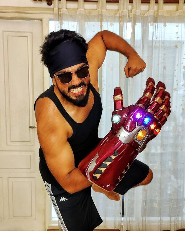 Kalidas Jayaram with his Iron Man Infinity Gauntlet Collectible