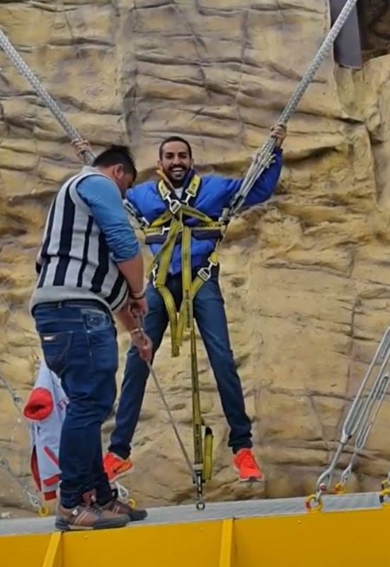 Karan Sangwan while doing reverse bungee jumping at Kurfi Adventure Park in Himachal Pradesh