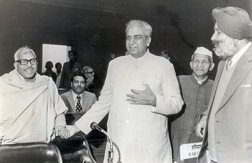 Karpoori Thakur with Devi Lal and Prakash Singh Badal (left to right)