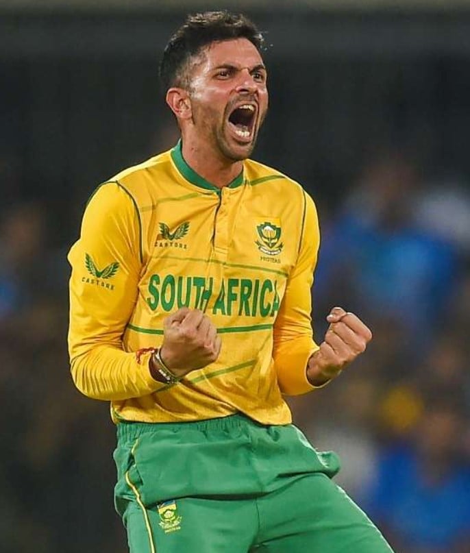 Keshav Maharaj playing during the T20I World Cup