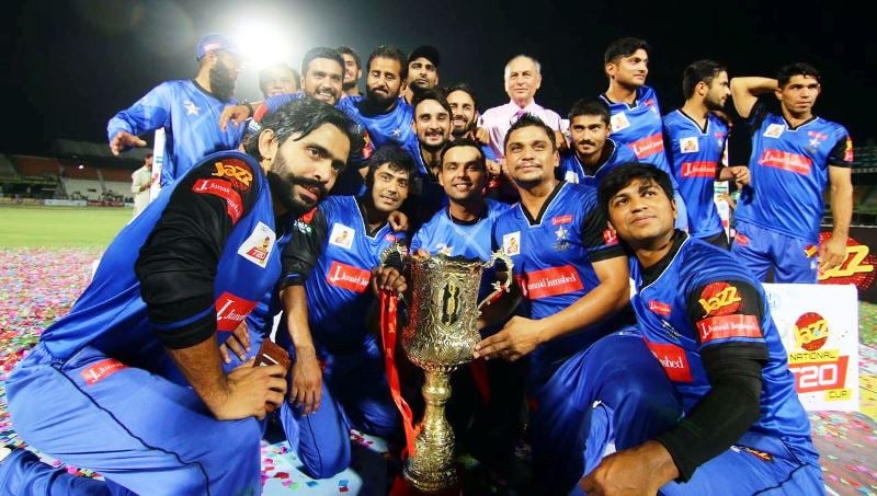 Khalid Latif (Captain) posing with his Karachi Blues team after winning the 2016–17 Jazz National T20 Cup