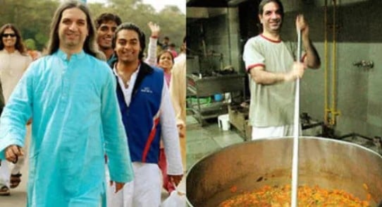 Khurshed Batliwala during an educational workshop (left) and while making vegetarian food (right)