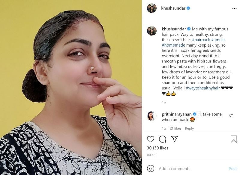 Khushbu Instagrammed a home made recipe for healthy hair