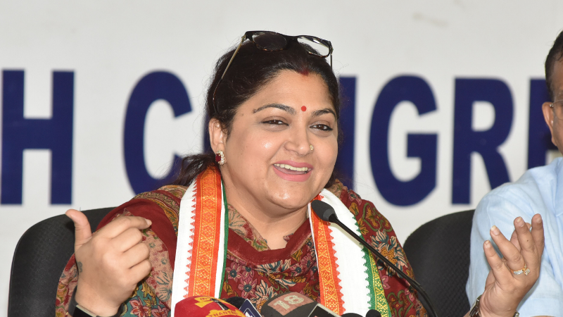 Khushbu Sundar while addressing the party members as a spokesperson of the Indian National Congress