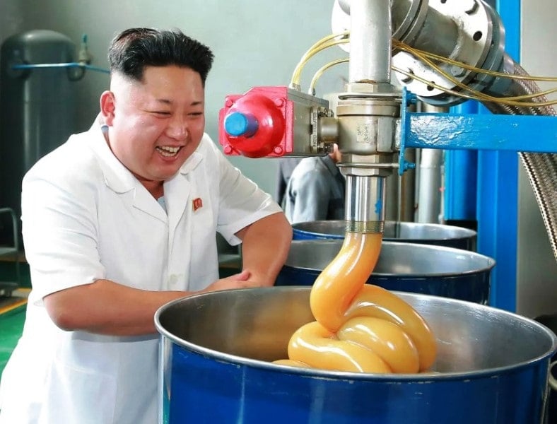 Kim Jong-un at a cheese factory in North Korea during an inspection