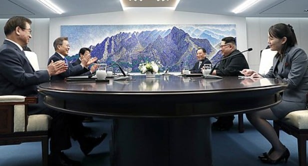 Kim Yo Jong (right) during the talks inside the Peace House