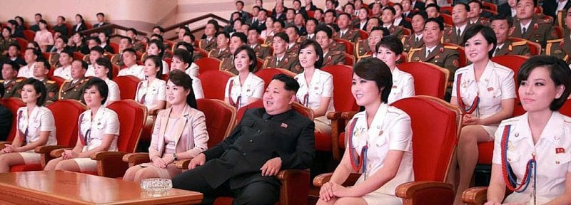 Kim with the members of the North Korean K-pop band