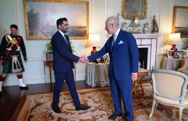 King Charles III receiving the First Minister of Scotland Humza Yousaf during an audience at Buckingham Palace, London on 17 May 2023