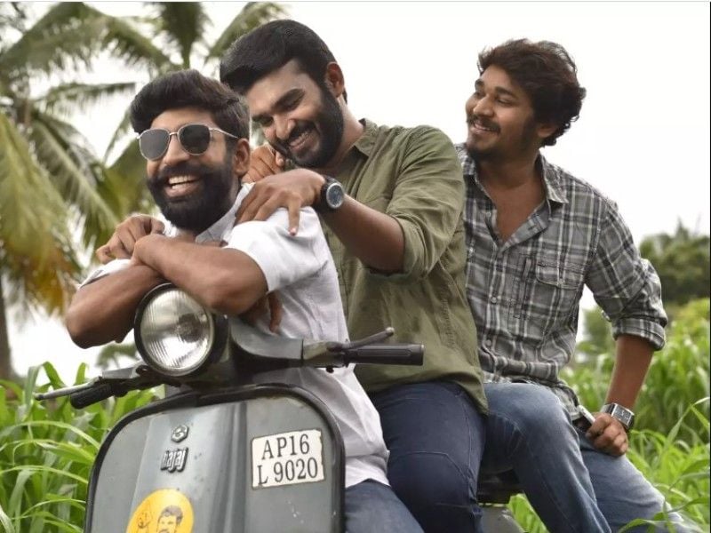 Kiran Abbavaram as Raja (centre) in a still from the Telugu-language film Raja Vaaru Rani Gaaru (2019)