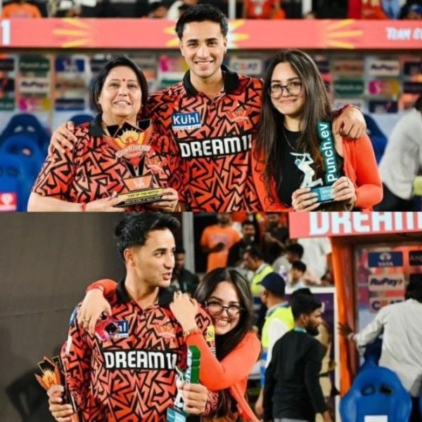Komal Sharma (wearing spectacles) with her brother, Abhishek Sharma, and mother, Manju Sharma