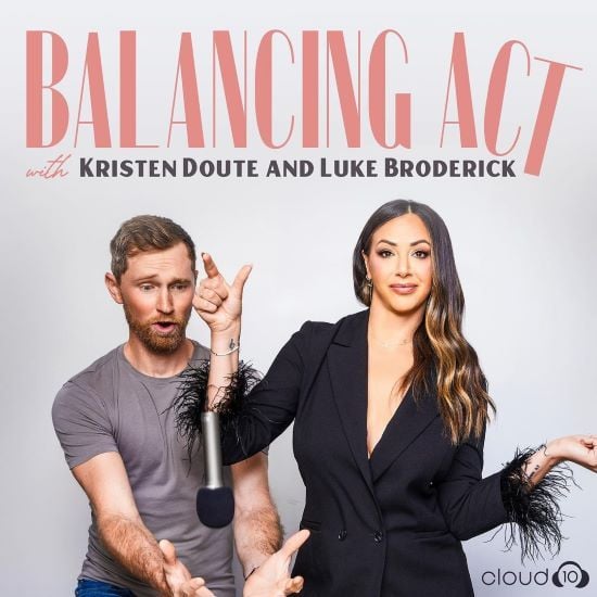 Kristen Doute and Luke Broderick on the poster of the podcast Balancing Act