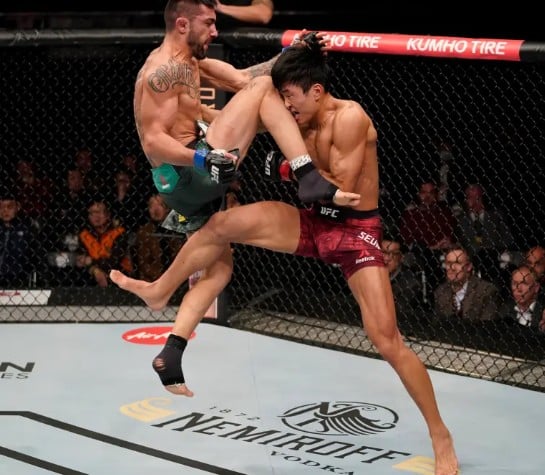(L-R) Suman Mokhtarian while fighting against Seungwoo Choi of South Korea in their featherweight fight during the UFC Fight Night event at Sajik Arena 3 on 21 December 2019