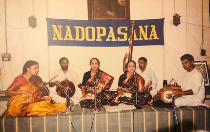 Lalitha Chandran (third from left) and C. Saroja (fourth from left) performing at a cultural show
