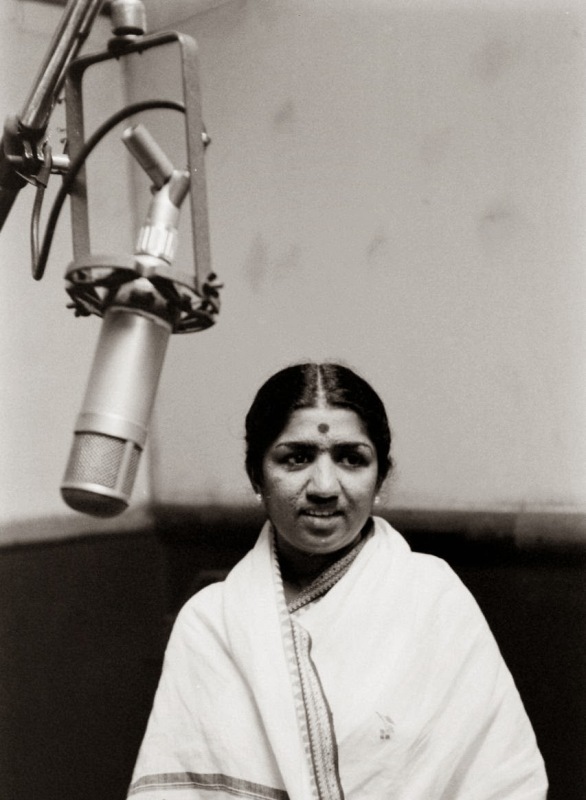 Lata Mangeshkar in a recording studio
