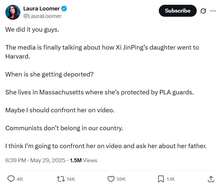 Laura Loomer calls for Xi Mingze