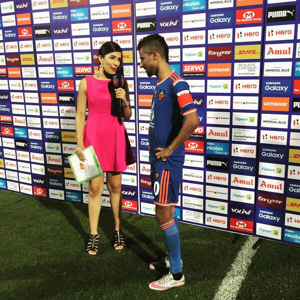 Leeza Mangaldas interviewing a footballer after Indian Super League match