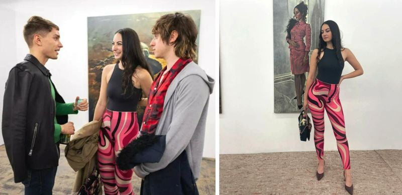 Left: Zoë Kestan while talking to Kye Christensen-Knowles (left); Right: Zoë Kestan while posing with the painting at Lomex Gallery in New York