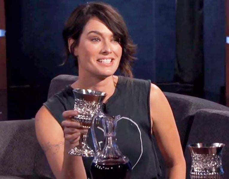 Lena Headey while having wine on a talk show