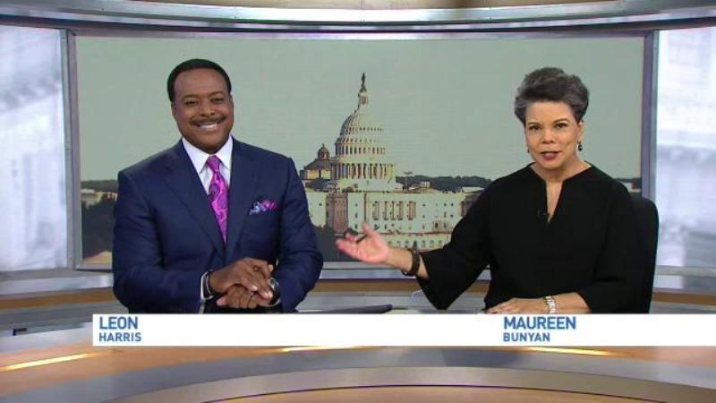 Leon Harris and Maureen Bunyan while anchoring a show