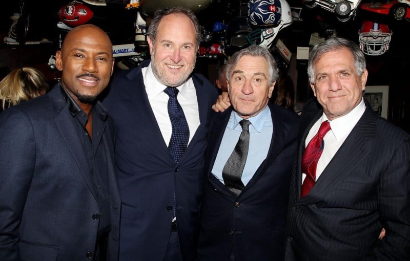 Leslie Moonves (extreme right) with American film directors Romany Malco and Jon Turteltaub at a promotional event for the Hollywood film Last Vegas (2013)