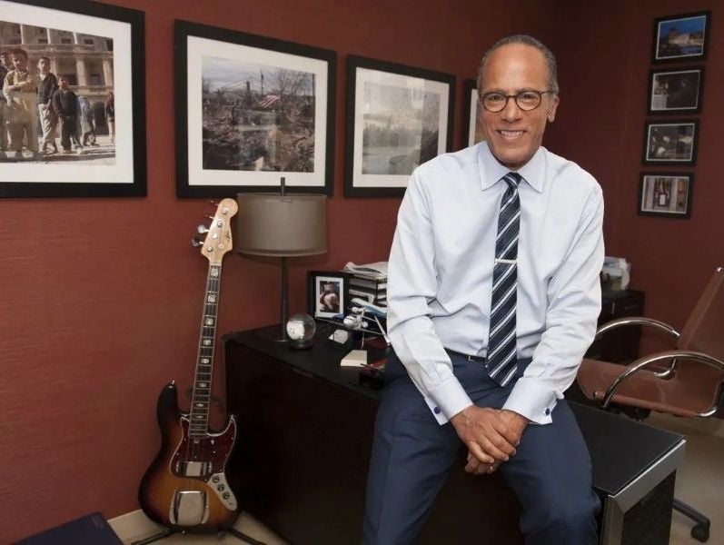 Lester Holt with his bass guitar in his office
