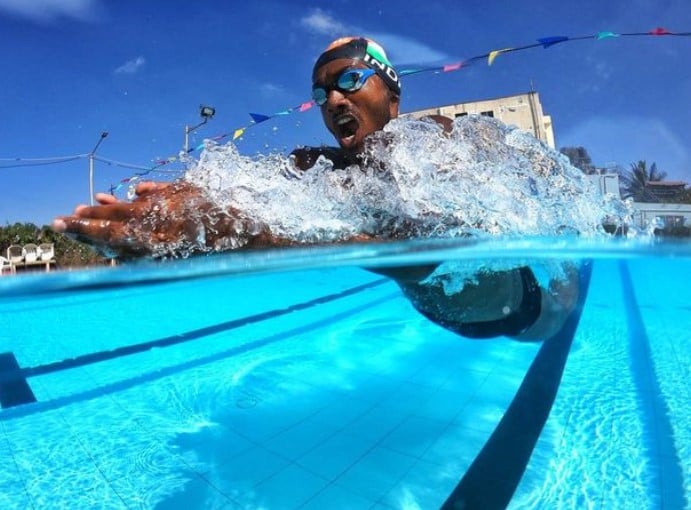 Likith Selvaraj during a swimming training session