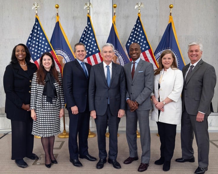 Lisa Cook (extreme left) with other members of the Federal Reserve Board of Governors