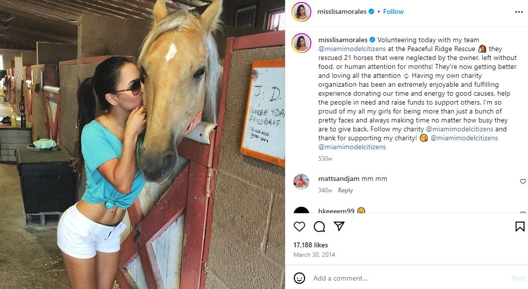 Lisa Morales Instagram post about rescuing a horse through her nonprofit organization Miami Model Citizens