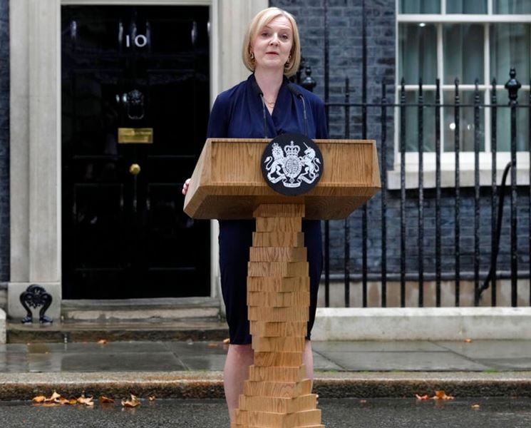 Liz Truss giving speech as the 56th Prime Minister of the UK in front of 10 Downing Street in London on 6 September 2022