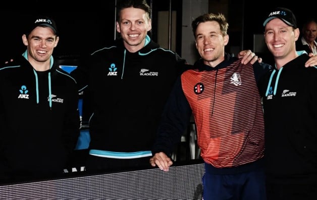 Logan van Beek (second from right) with (from left) Tom Latham, Michael Bracewell, and Matt Henry