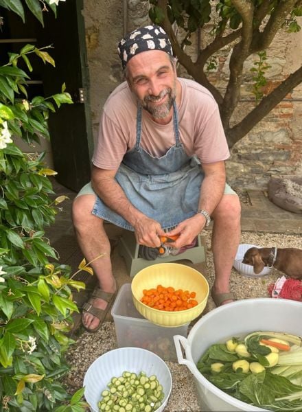 Luca Calvani cooking at his home in Italy