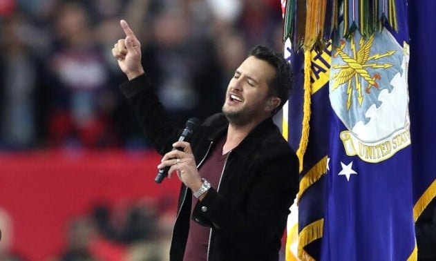 Luke Bryan while singing the National Anthem at Super Bowl LI at NRG Stadium in Houston, TX
