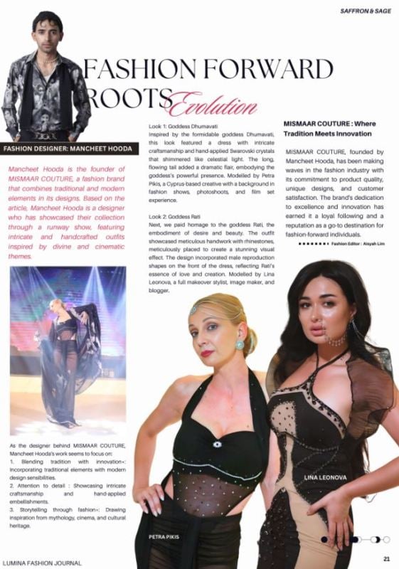 Lumina Fashion Journal featuring Petra Pikis (left) and Lina Leonova (right) in outfits designed by Mancheet Hooda