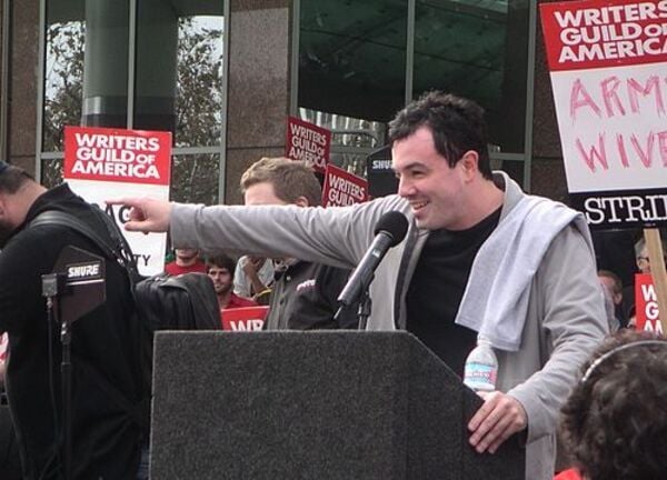 MacFarlane speaking at a Writers Guild of America rally in Culver City in 2007