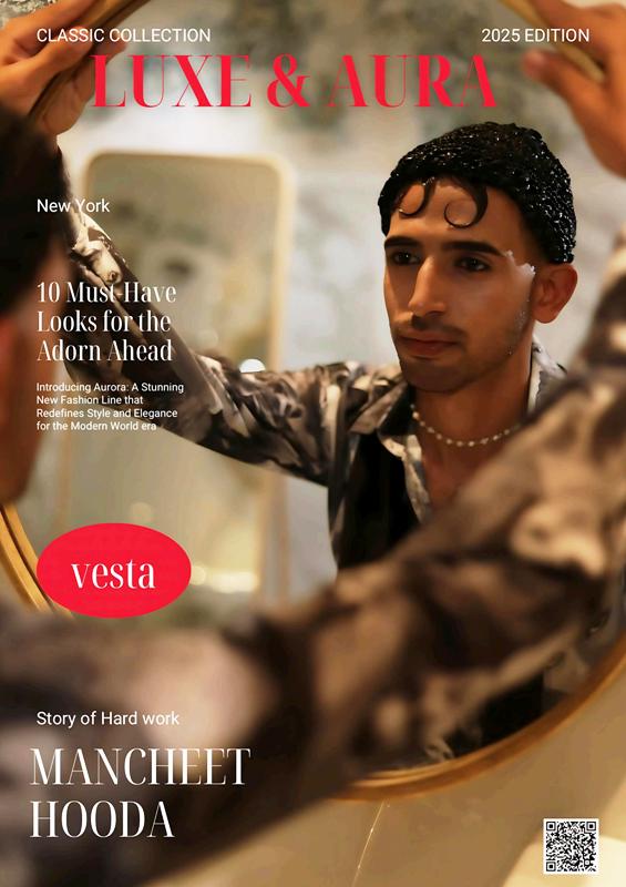 Mancheet Hooda, featured on the cover of Fashion Lifestyles Update magazine, in collaboration with Lux &amp; Aura