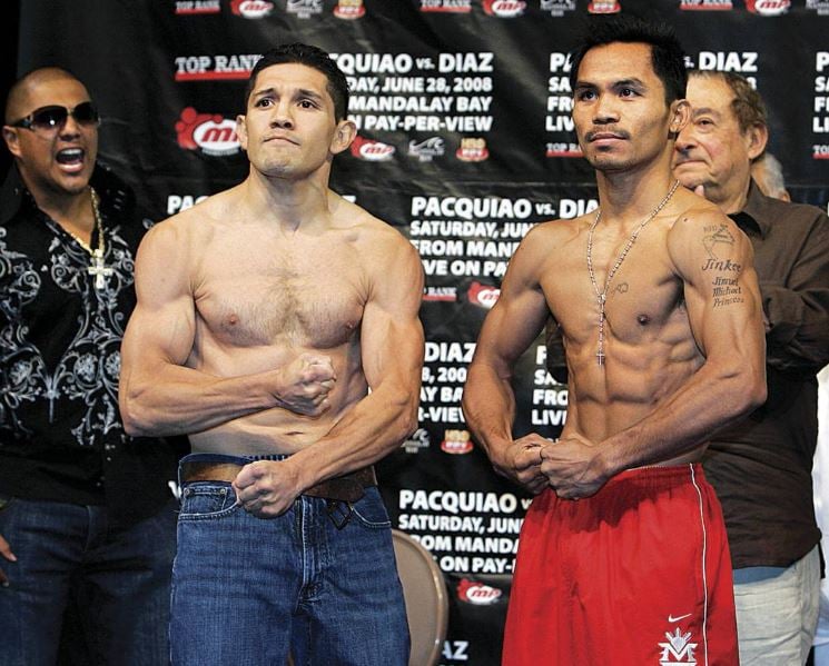 Manny Pacquiao and David Diaz (left) during the weigh-in before their fight