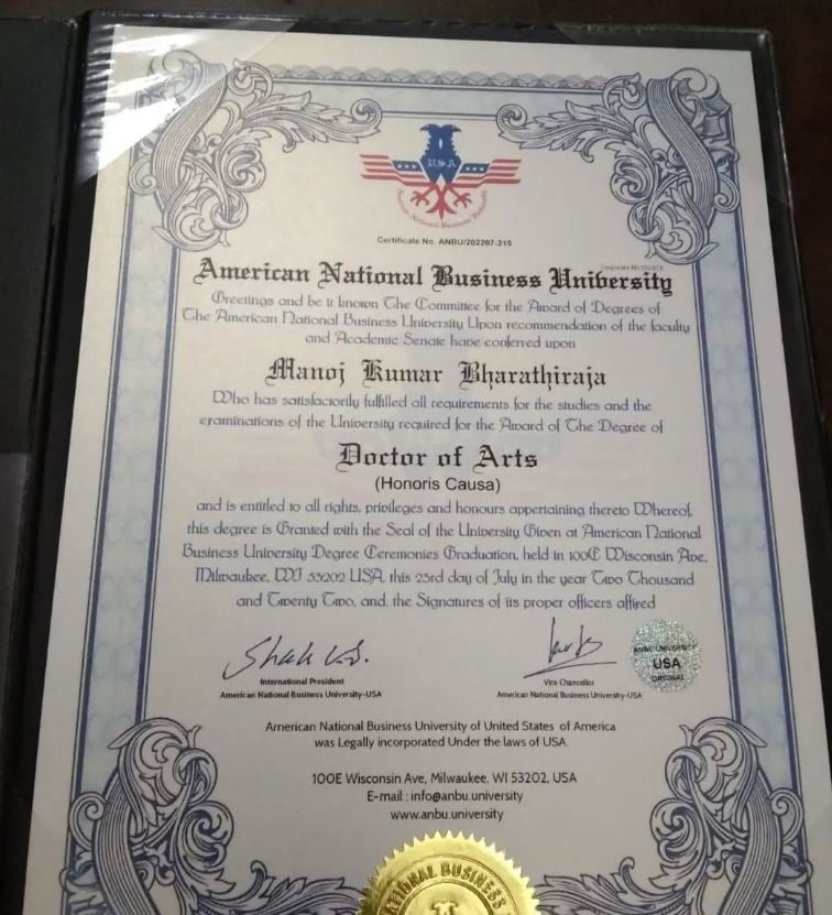 Manoj Bharathiraja honorary degree