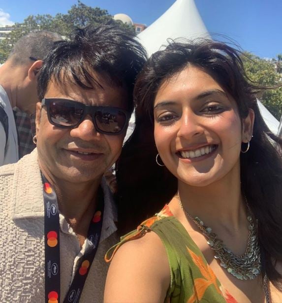 Mansi Maheshwari with Rajpal Yadav (left) in the 77th Cannes Festival in 2024