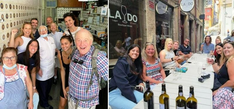 Maria Craveiro guiding a food tour (left) and a port wine tasting (right) as a tour guide at Bluedragon Porto City Tours