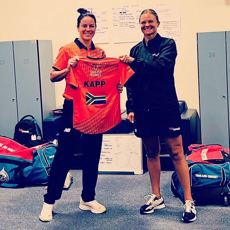 Marizanne Kapp receiving the jersey for Falcons team for the FairBreak Invitational T20 tournament