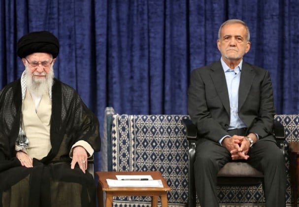 Masoud Pezeshkian with Ali Khamenei (left)