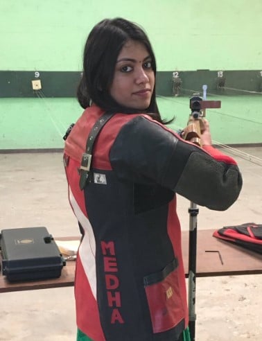 Medha Roopam while practicing shooting