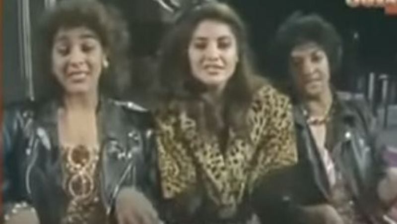 Meera Syal (left) with Nazia Hassan (center) and Rita Wolf (right) in the music video 