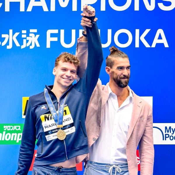 Michael Phelps presented Marchand with the gold medal at the 2023 World Aquatics Championships held in Fukuoka, Japan