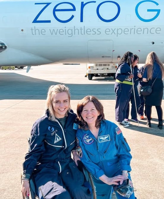 Michaela Benthaus after completing an analogue astronaut mission on a Zero-G research flight in 2022
