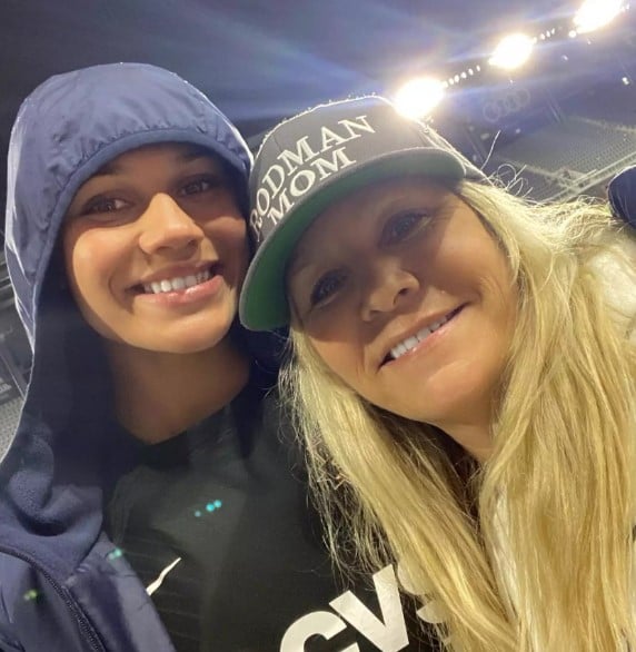 Michelle Moyer while wearing a Rodman Mom cap