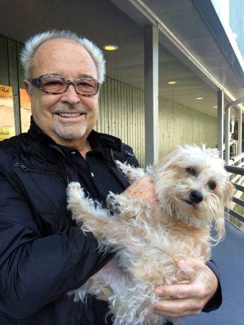 Mick Jones holding a Maltipoo